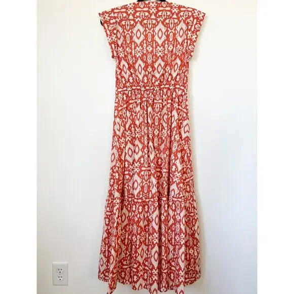 Evereve BB Dakota Emersyn Tiered Midi Dress XS Deep V-Neck Batik Cotton Spring - Picture 8 of 16